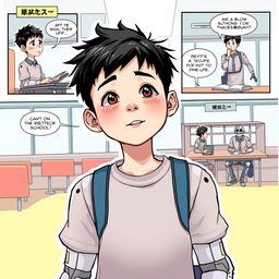 A comic-style illustration featuring a 12-year-old boy named Moses Kok who is undergoing a transformation surgery to become a humanoid robotic human