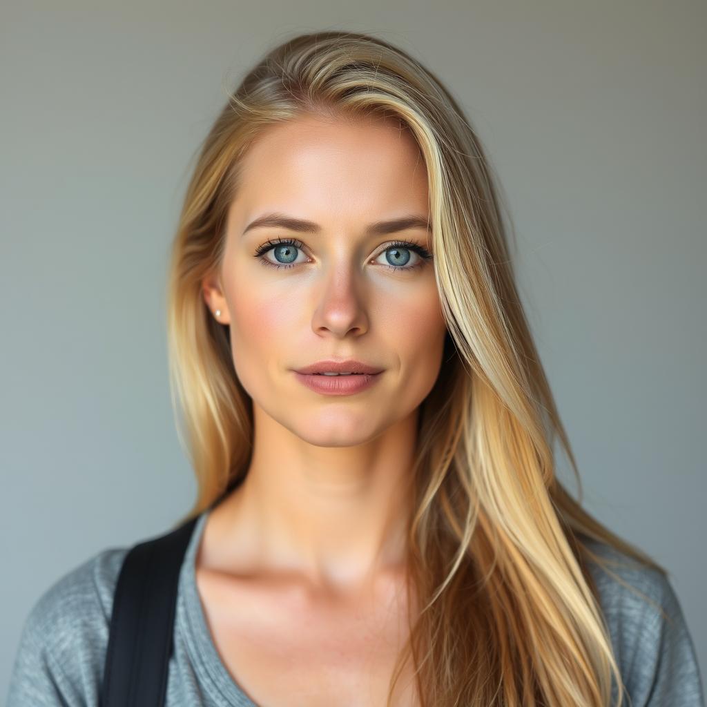 A portrait of a blonde woman with long hair, wearing a casual outfit