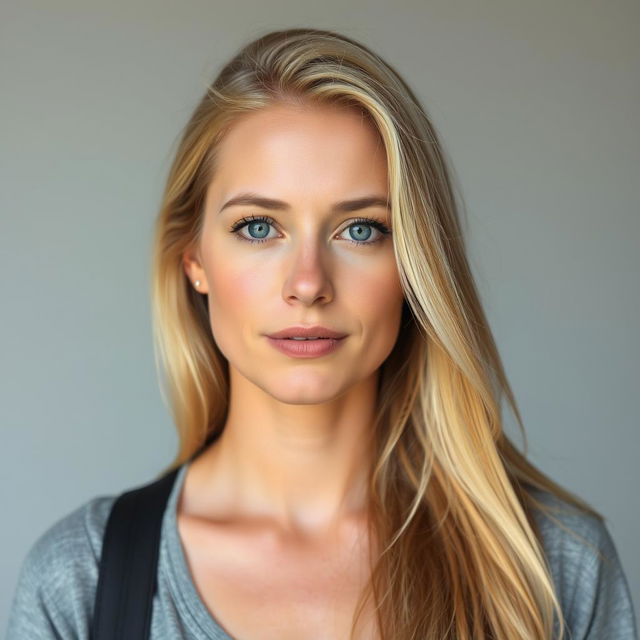 A portrait of a blonde woman with long hair, wearing a casual outfit