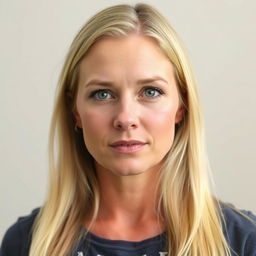 A portrait of a blonde woman with long hair, wearing a casual outfit