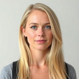 A portrait of a blonde woman with long hair, wearing a casual outfit