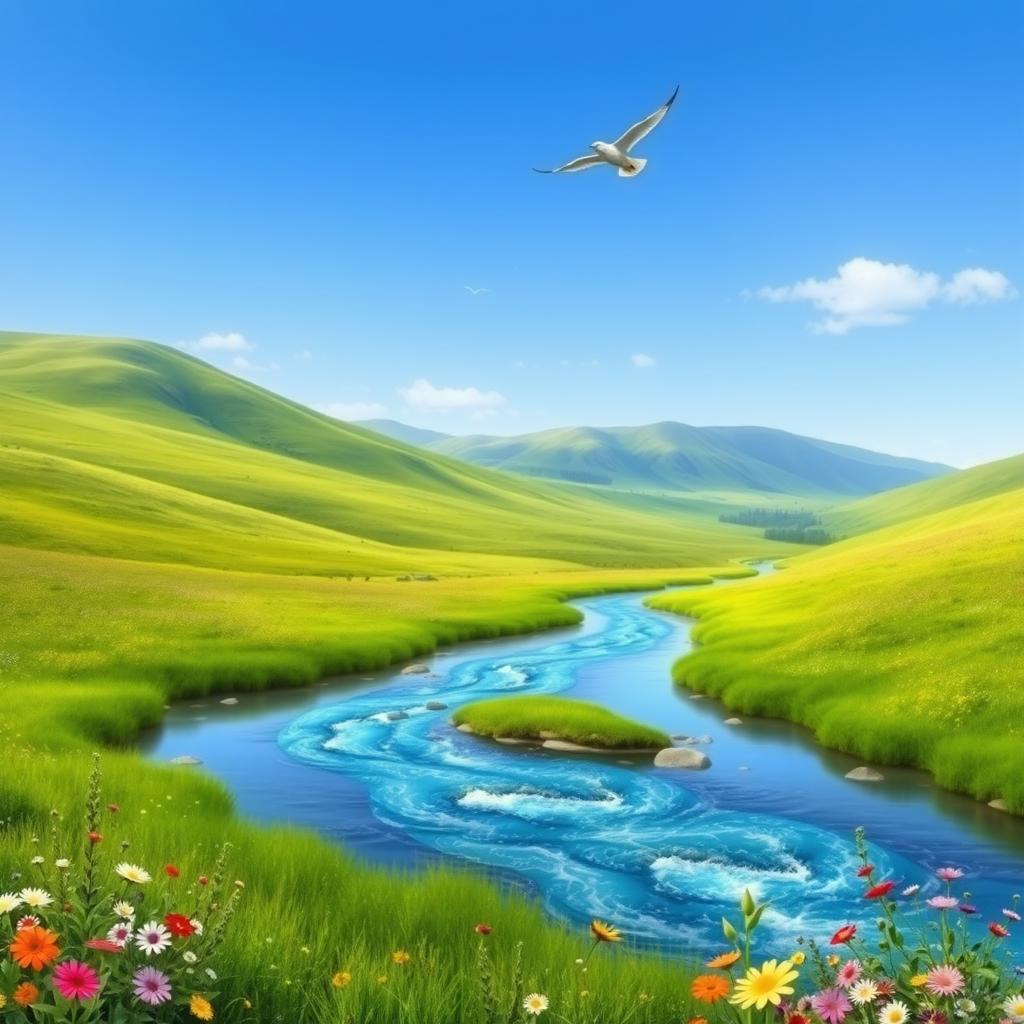 A serene landscape with a clear blue sky, gentle rolling hills, and a sparkling river flowing through a lush green meadow