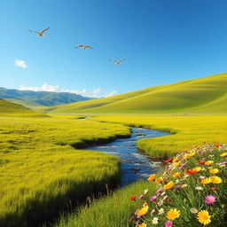 A serene landscape with a clear blue sky, gentle rolling hills, and a sparkling river flowing through a lush green meadow