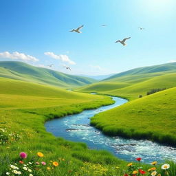 A serene landscape with a clear blue sky, gentle rolling hills, and a sparkling river flowing through a lush green meadow