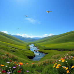 A serene landscape with a clear blue sky, gentle rolling hills, and a sparkling river flowing through a lush green meadow