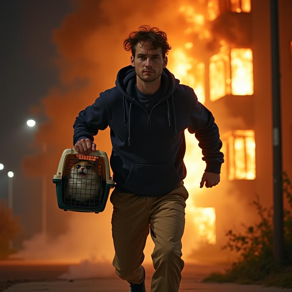 A man with short brown hair, wearing sand-colored chinos and a navy blue hoodie, dashes from a burning apartment building at night, carrying a ragdoll cat in a cat carrier