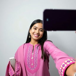 A beautiful girl taking a selfie while wearing a stylish kurta