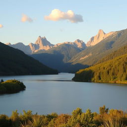 A serene landscape featuring a calm lake surrounded by lush greenery and tall mountains in the background