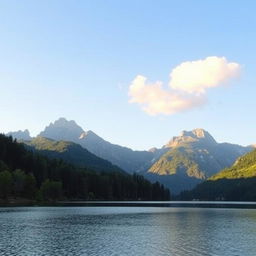 A serene landscape featuring a calm lake surrounded by lush greenery and tall mountains in the background