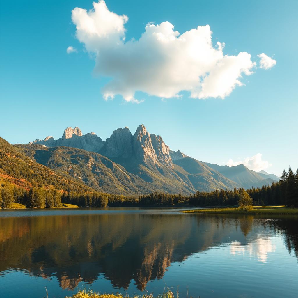 A serene landscape featuring a calm lake surrounded by lush greenery and tall mountains in the background