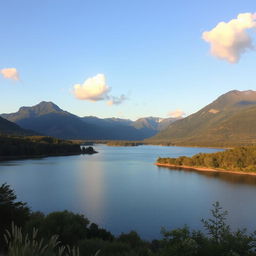 A serene landscape featuring a calm lake surrounded by lush greenery and tall mountains in the background