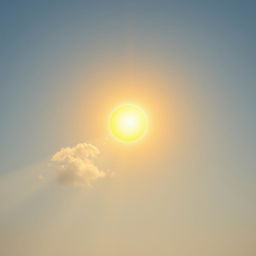 A serene and beautiful depiction of the sun (sol) in a clear sky, radiating warm, golden light