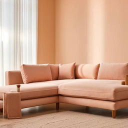 An L-shaped sofa in a light peach color, adorned with dull pink cushions, displayed in a naturally lit contemporary living room