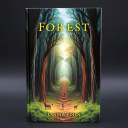 A captivating book cover featuring an enchanted forest with tall, ancient trees and a mystical glow