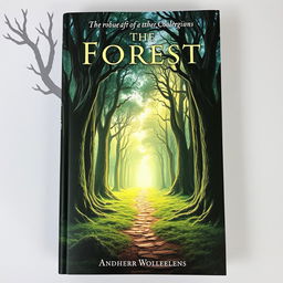 A captivating book cover featuring an enchanted forest with tall, ancient trees and a mystical glow