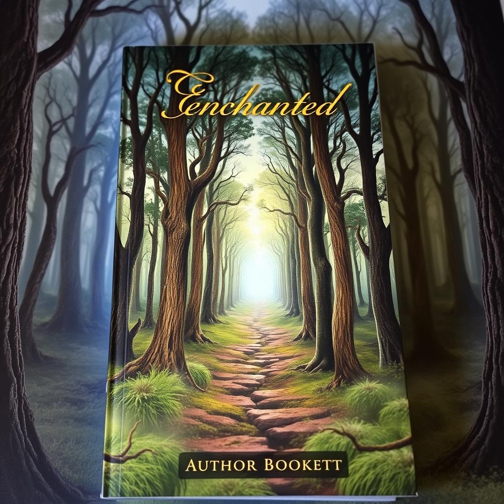 A captivating book cover featuring an enchanted forest with tall, ancient trees and a mystical glow