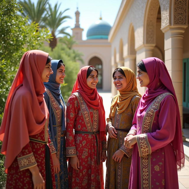 A group of Arab women in traditional clothing, standing together in a picturesque outdoor setting with Middle Eastern architecture and lush greenery