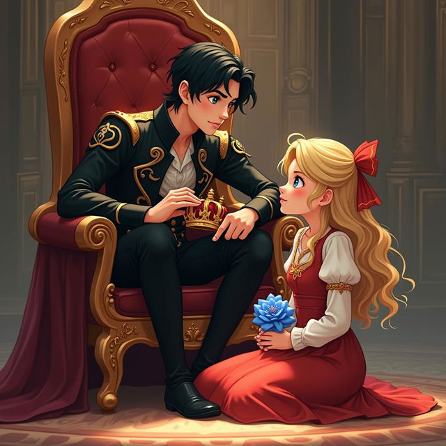 A young prince and a young girl, both 17 years old, are facing each other in a grand hall