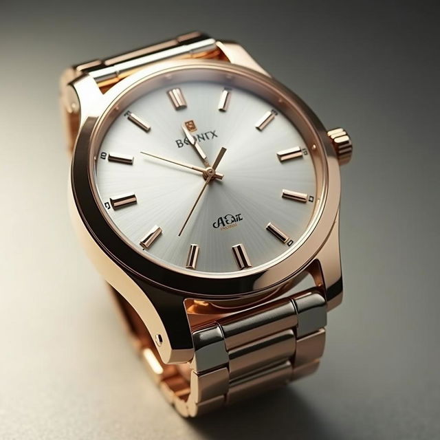 Create an elegant image of a sleek, modern wristwatch with a metallic finish, minimalist design, and a subtle brand logo