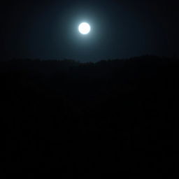 A dark night scene set in a dense forest with a full moon illuminating the landscape