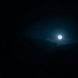 A dark night scene set in a dense forest with a full moon illuminating the landscape