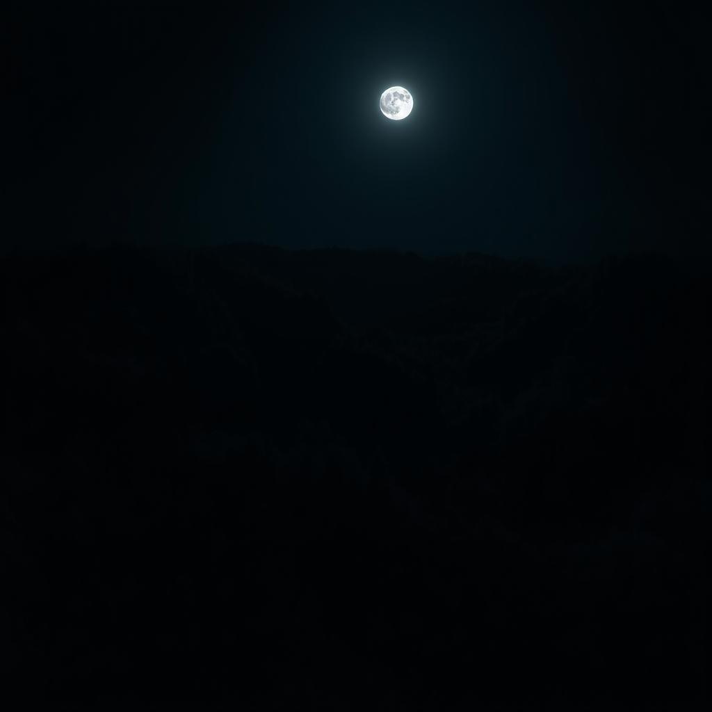 A dark night scene set in a dense forest with a full moon illuminating the landscape