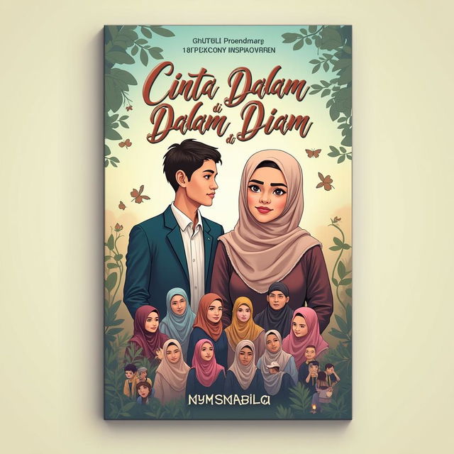 Create a book cover titled 'Cinta Dalam Diam di Langit Pesantren' with a handsome male character, a beautiful hijab-wearing female character, and smaller images of students in the background