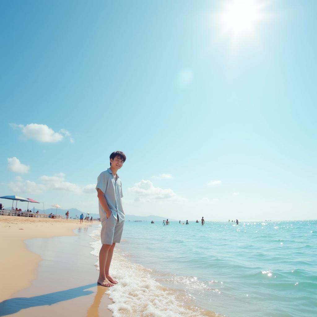 A Korean man standing by the shore on a serene beach, dressed in casual beachwear, with a relaxed and happy expression