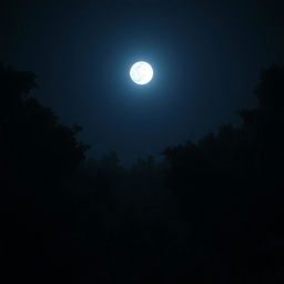 A dark night scene in a dense forest area with a full moon shining brightly in the sky