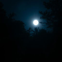 A dark night scene in a dense forest area with a full moon shining brightly in the sky