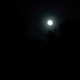 A dark night scene in a forest area with a full moon illuminating the sky