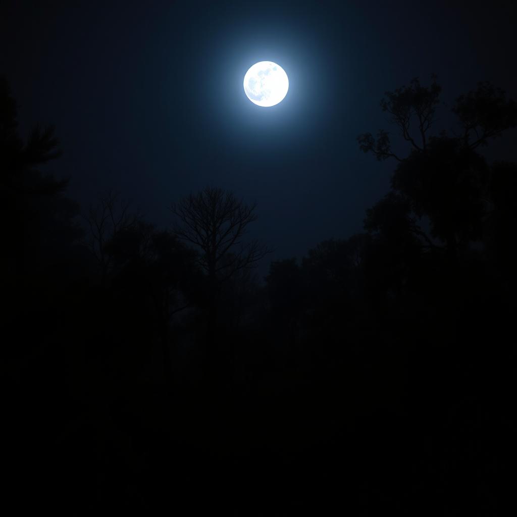 A dark night scene in a forest area with a full moon illuminating the sky