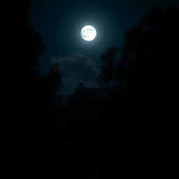 A dark night scene in a forest area with a full moon illuminating the sky