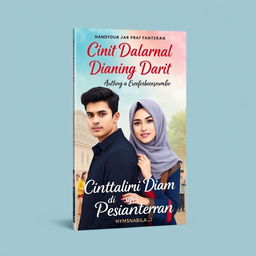 Create a book cover titled 'Cinta Dalam Diam di Langit Pesantren' with the author's name 'nymsnabila___'