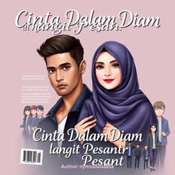 Create a book cover titled 'Cinta Dalam Diam di Langit Pesantren' with the author's name 'nymsnabila___'