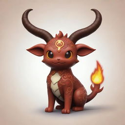 A charming fire pokemon inspired by Satan, adorned with detailed brown horns and intricate designs.