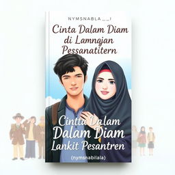 Create a book cover titled 'Cinta Dalam Diam di Langit Pesantren' with the author's name 'nymsnabila___'