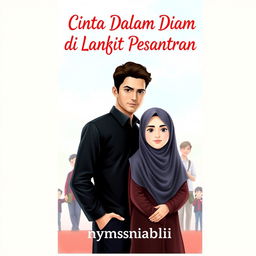 Create a book cover titled 'Cinta Dalam Diam di Langit Pesantren' with the author's name 'nymsnabila___'