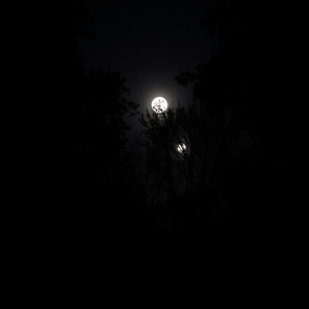 A night scene in a forest area with a full moon shining brightly in the sky