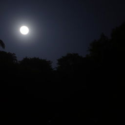 A night scene in a forest area with a full moon shining brightly in the sky