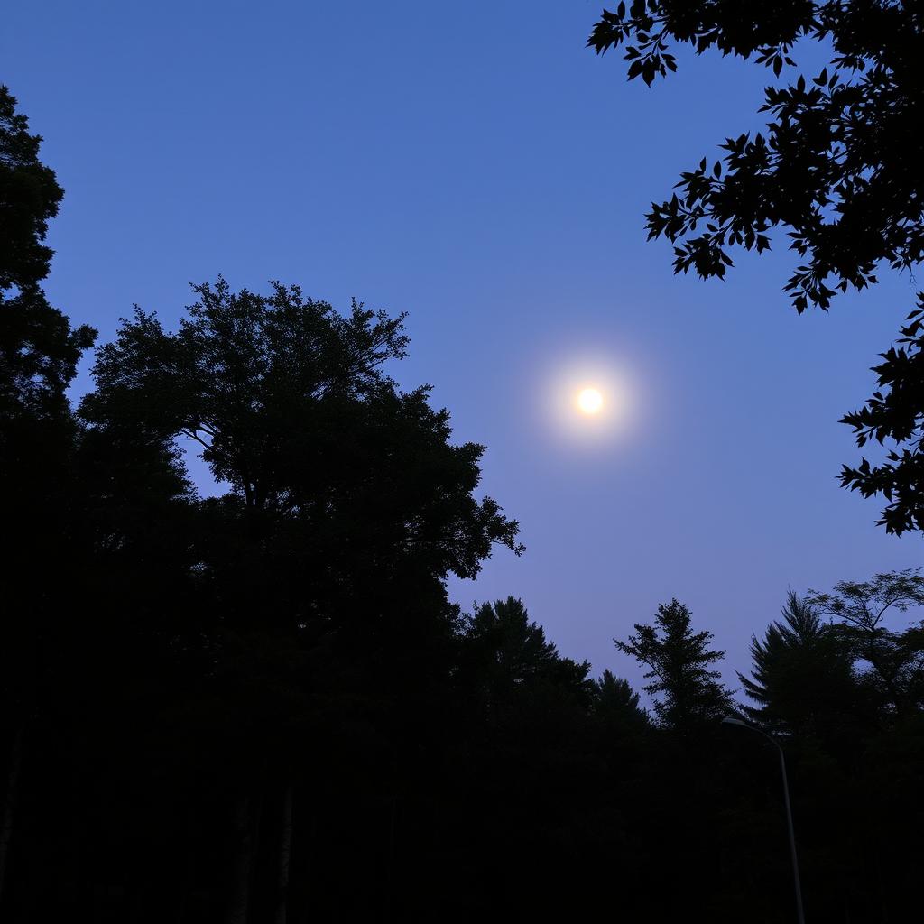 An evening scene in a forest area with a full moon rising in the sky