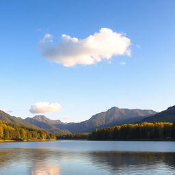 A serene landscape featuring a calm lake surrounded by lush green trees and mountains in the background