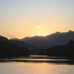 A serene landscape featuring a calm lake surrounded by lush green trees and mountains in the background