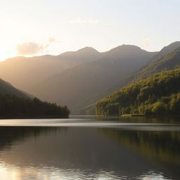 A serene landscape featuring a calm lake surrounded by lush green trees and mountains in the background