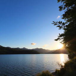 A serene landscape featuring a calm lake surrounded by lush green trees and mountains in the background