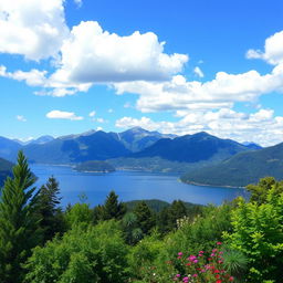 Create an image with a beautiful landscape featuring mountains, a serene lake, and a clear blue sky with fluffy white clouds