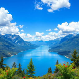 Create an image with a beautiful landscape featuring mountains, a serene lake, and a clear blue sky with fluffy white clouds