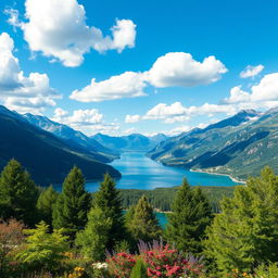 Create an image with a beautiful landscape featuring mountains, a serene lake, and a clear blue sky with fluffy white clouds