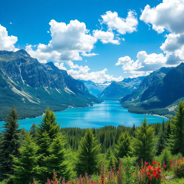 Create an image with a beautiful landscape featuring mountains, a serene lake, and a clear blue sky with fluffy white clouds