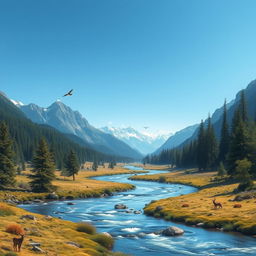 Create an image of a serene landscape with mountains, a flowing river, and a clear blue sky